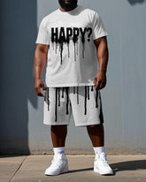 Big & Tall Men's Dark Punk Style Ink HAPPY Lettering Casual Short-Sleeve T-shirt Shorts Set